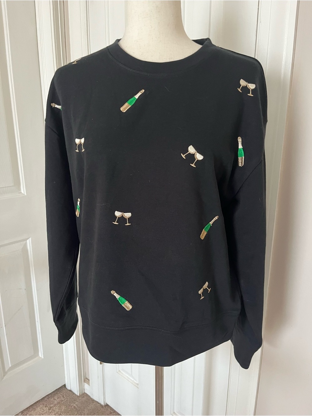 NWT J. Crew Black Crewneck Sweater/Sweatshirt with Embroidery